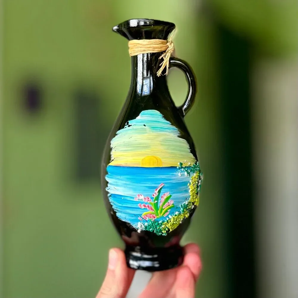 VTG Hand Painted Island Nautical Painted + Textured Glass Bottle Vase W/ Handle